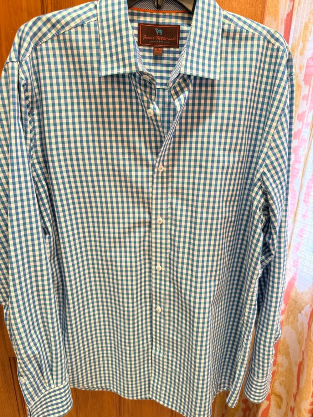 James Tattersall Teal, Blue & White Gingham Button-Up Dress Shirt